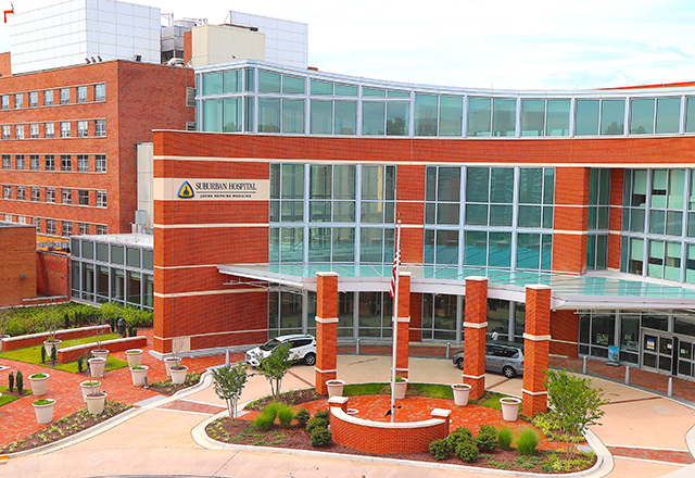 Suburban Hospital exterior, front entrance.