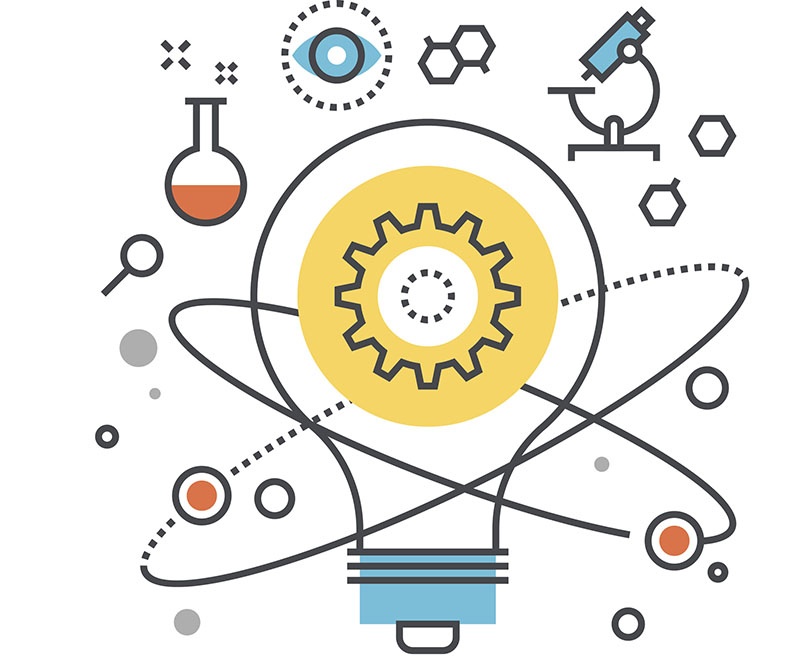 An illustration of a lightbulb surrounded by other symbols of science, such as microscopes and test tubes.