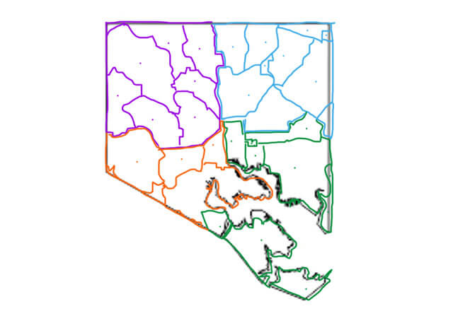 A map of Baltimore City separated into four separate areas with the upper left being quadrant one, upper right is quadrant two, lower right is quadrant three, and lower left is quadrant four