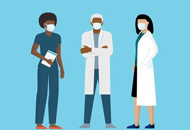 An illustrated graphic of masked healthcare providers and doctors standing together